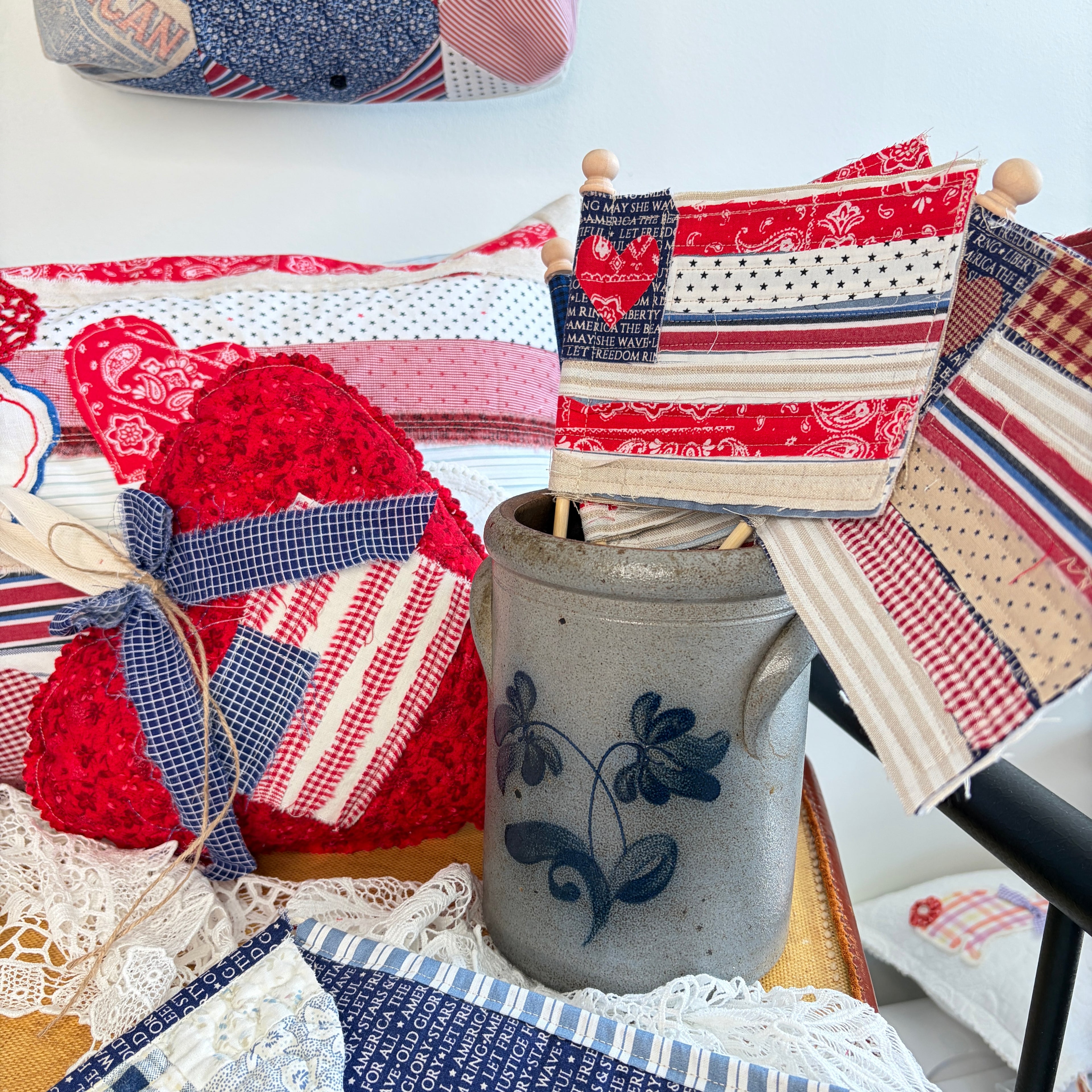 FLAG 5: Scrap Pieced Flag Accent for Planter, Crock Decor, Wreath Add-On