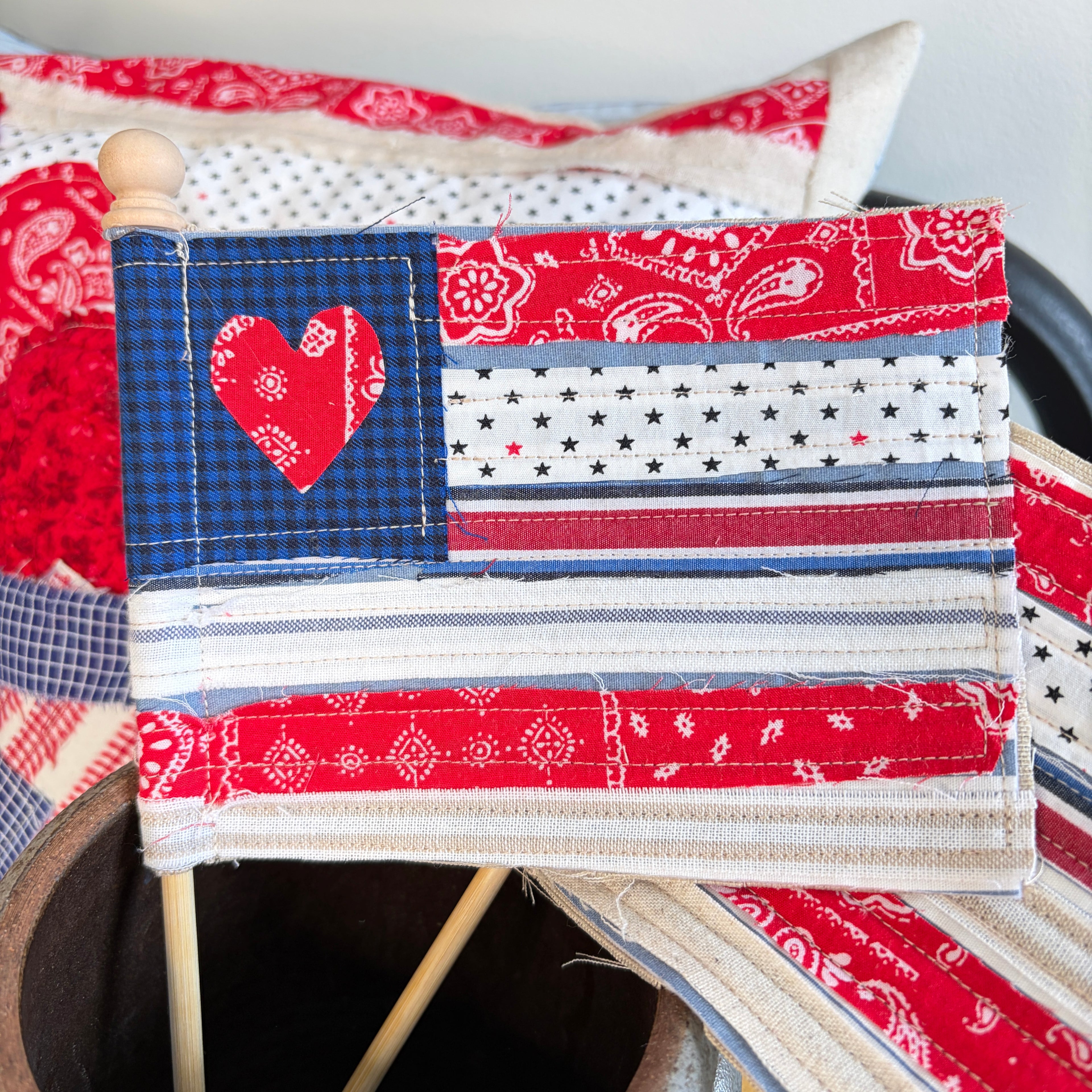 FLAG 6: Scrap Pieced Flag Accent for Planter, Crock Decor, Wreath Add-On