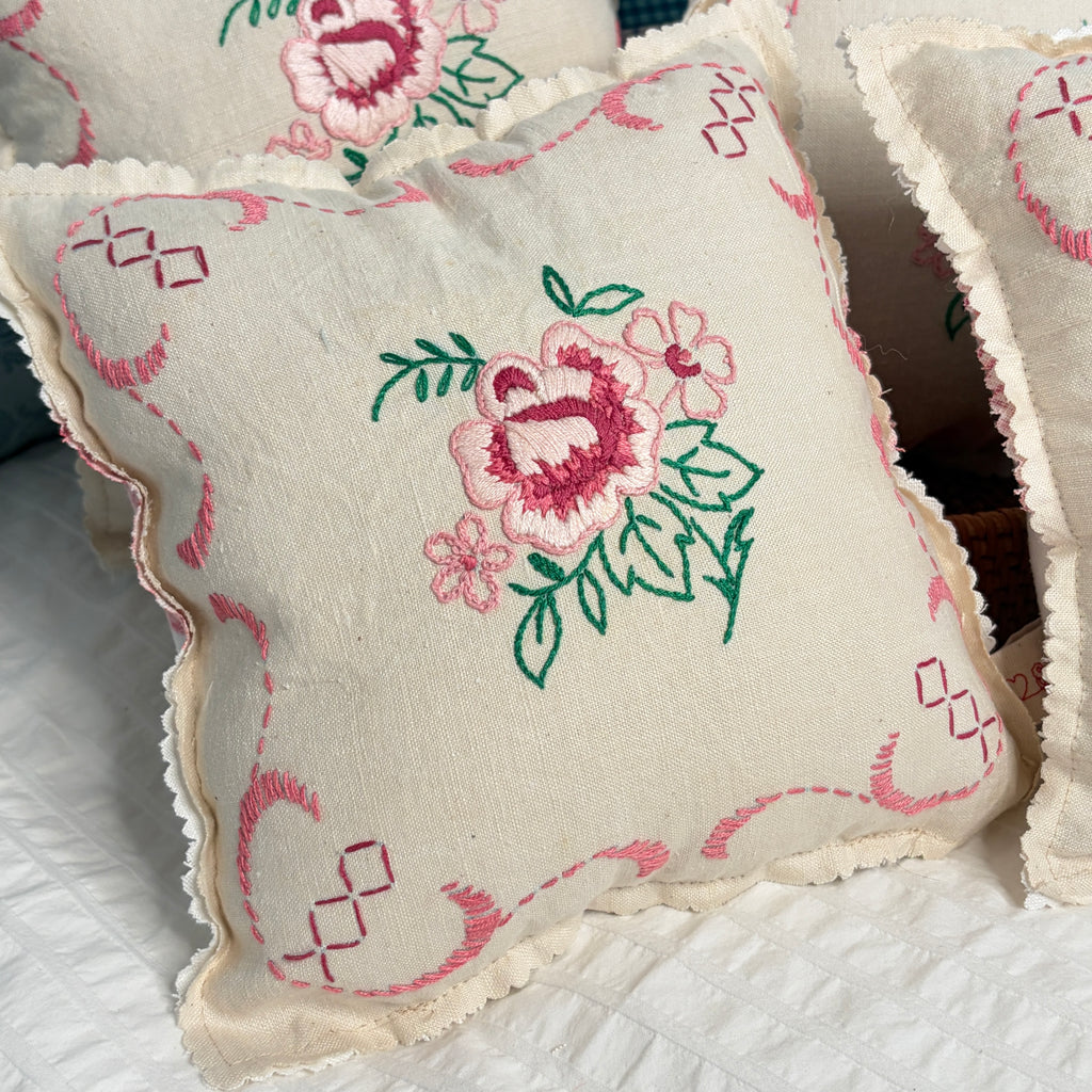 PILLOW Rose Floral Vintage Embroidered Linens Tuck Pillow