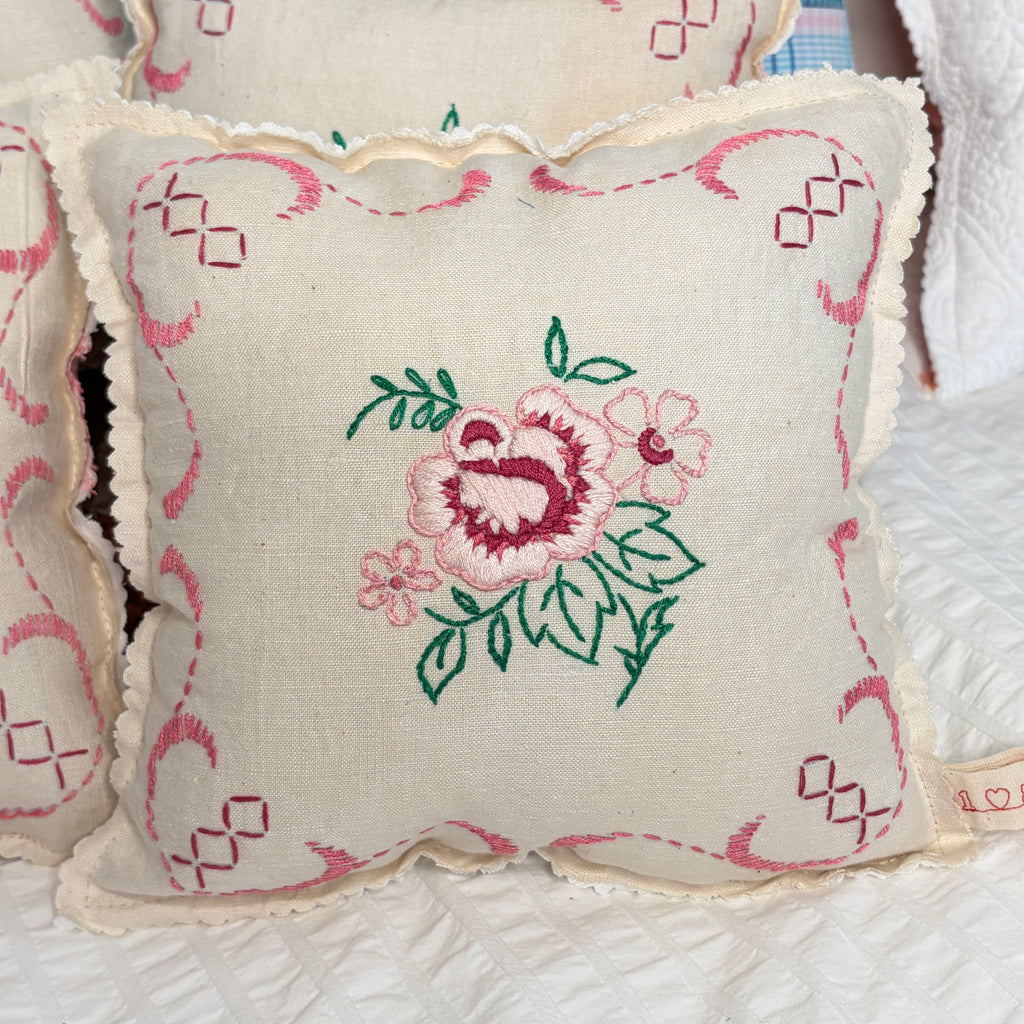 PILLOW Rose Floral Vintage Embroidered Linens Tuck Pillow