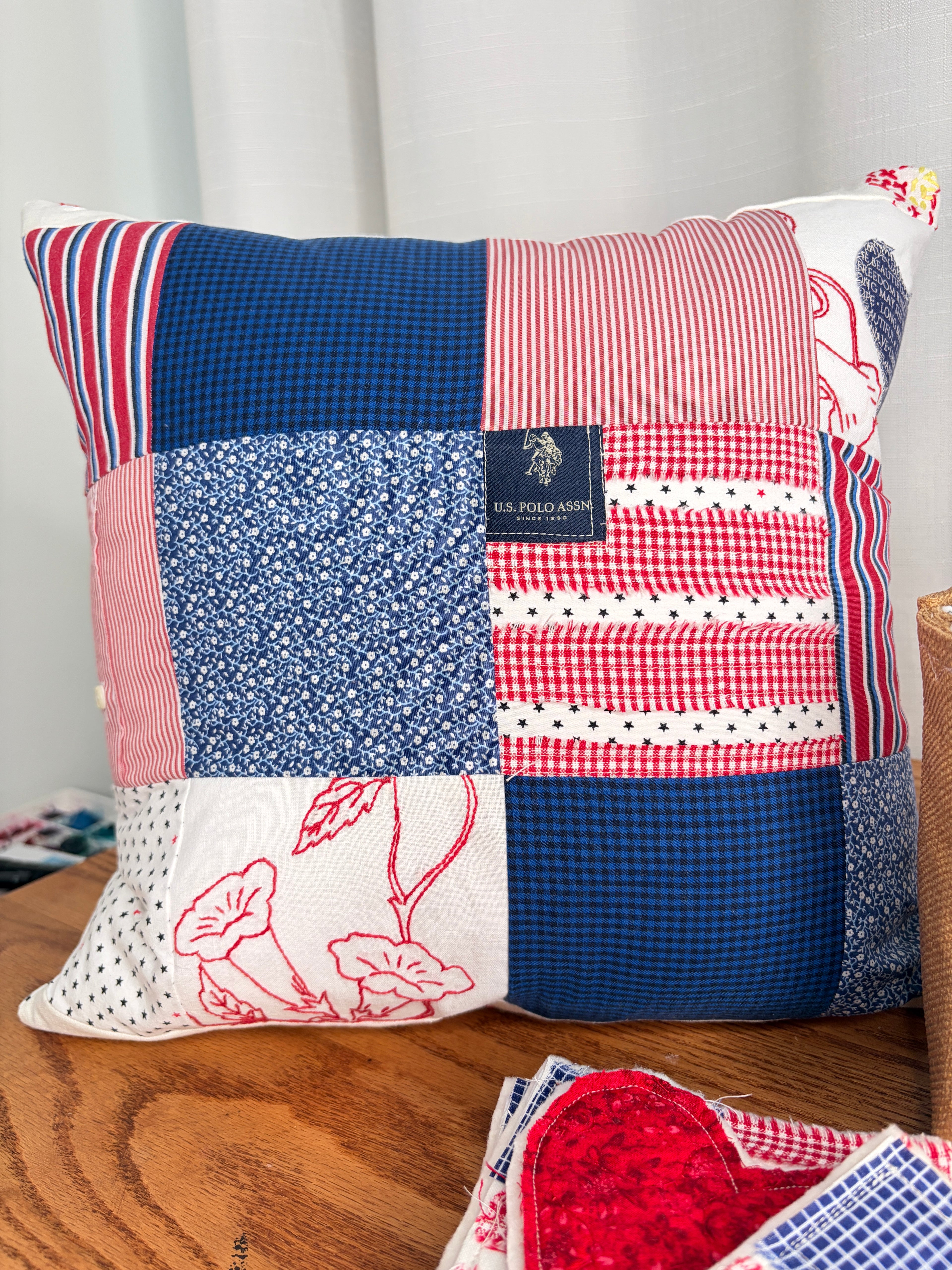 PILLOW American Textile Block and Embroidery Patchwork
