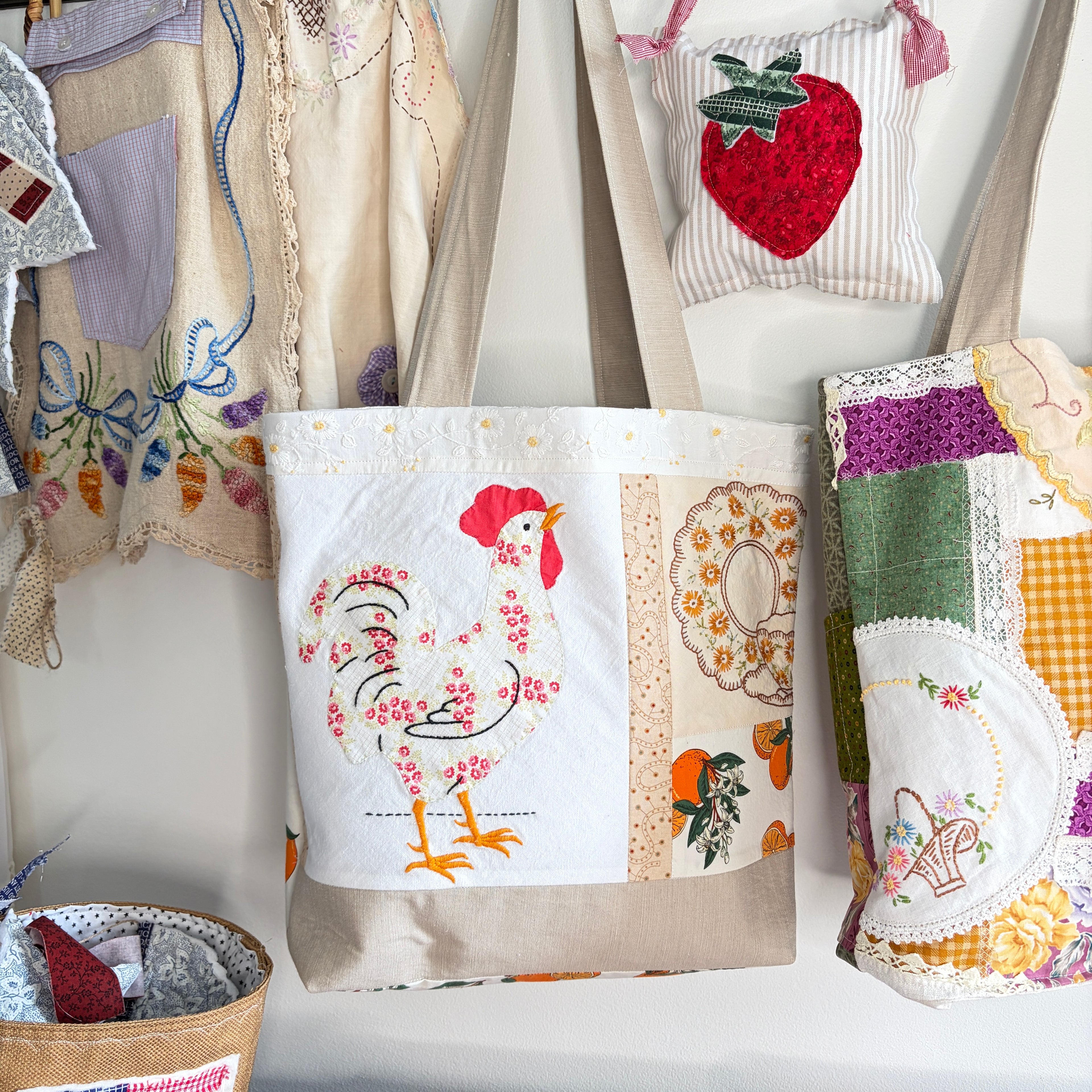 BAG Vintage Chicken and Oranges Lined Tote Bag, Market or Book Bag