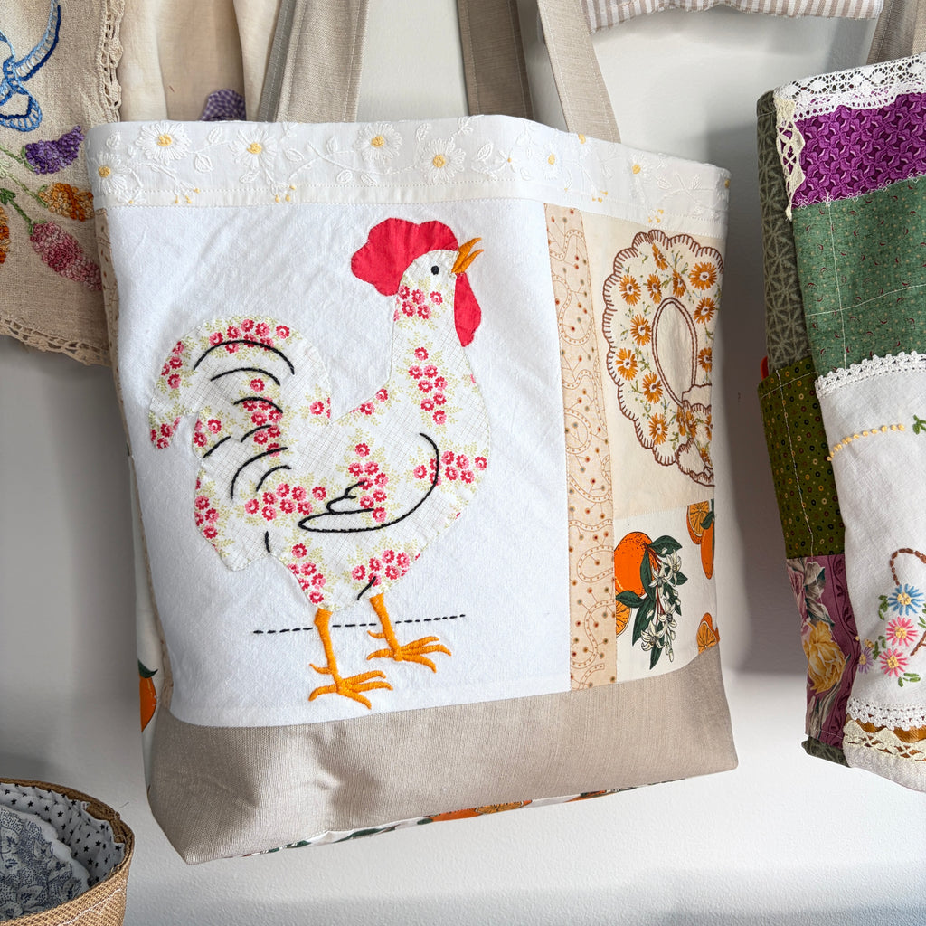 BAG Vintage Chicken and Oranges Lined Tote Bag, Market or Book Bag