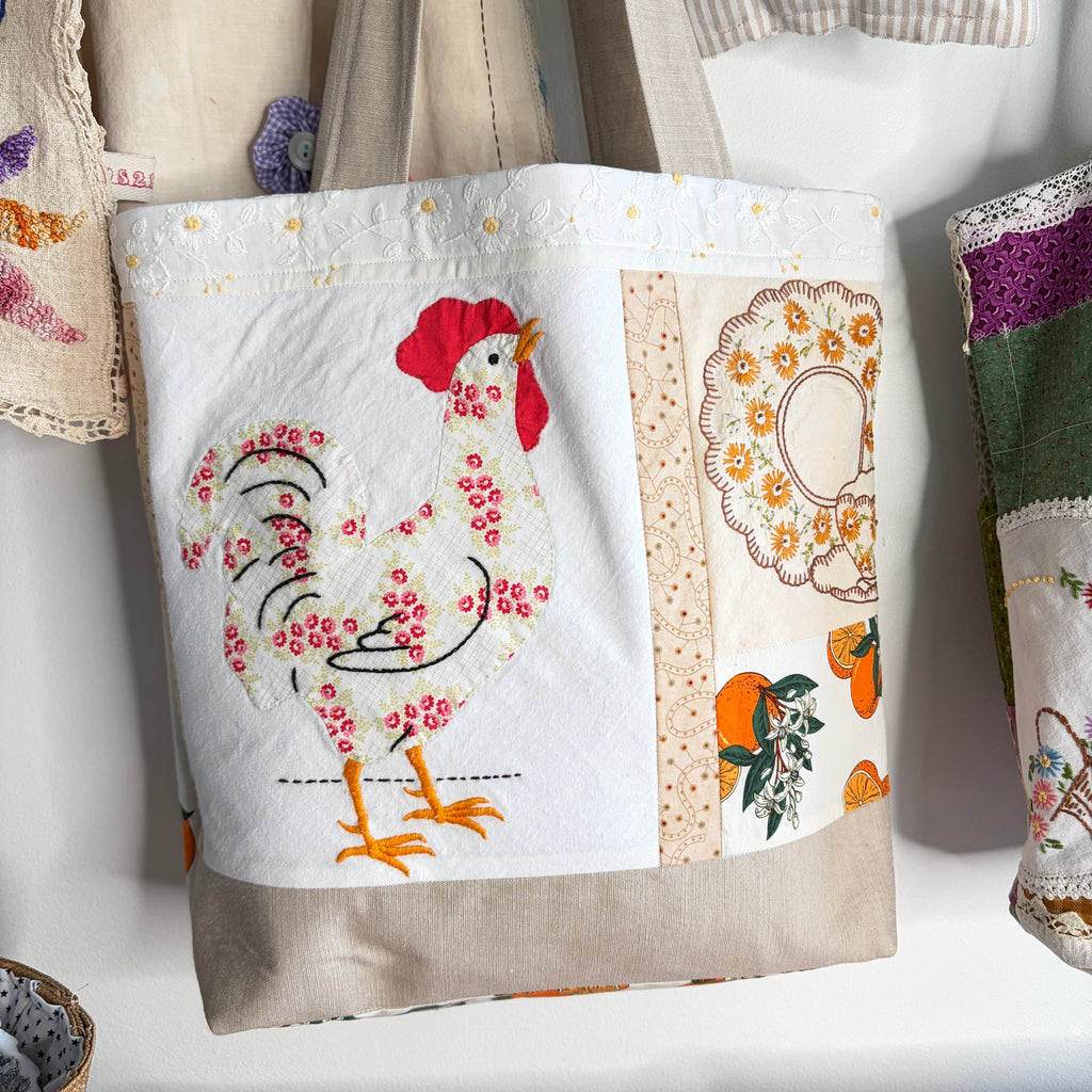 BAG Vintage Chicken and Oranges Lined Tote Bag, Market or Book Bag