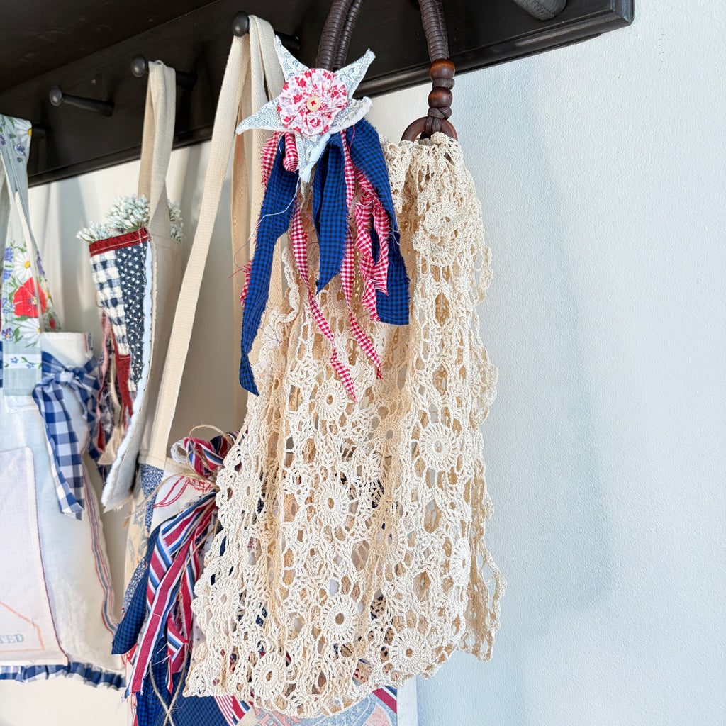 BAG Market Bag Vintage Lace Crocheted Doily Linen with Boho Handles