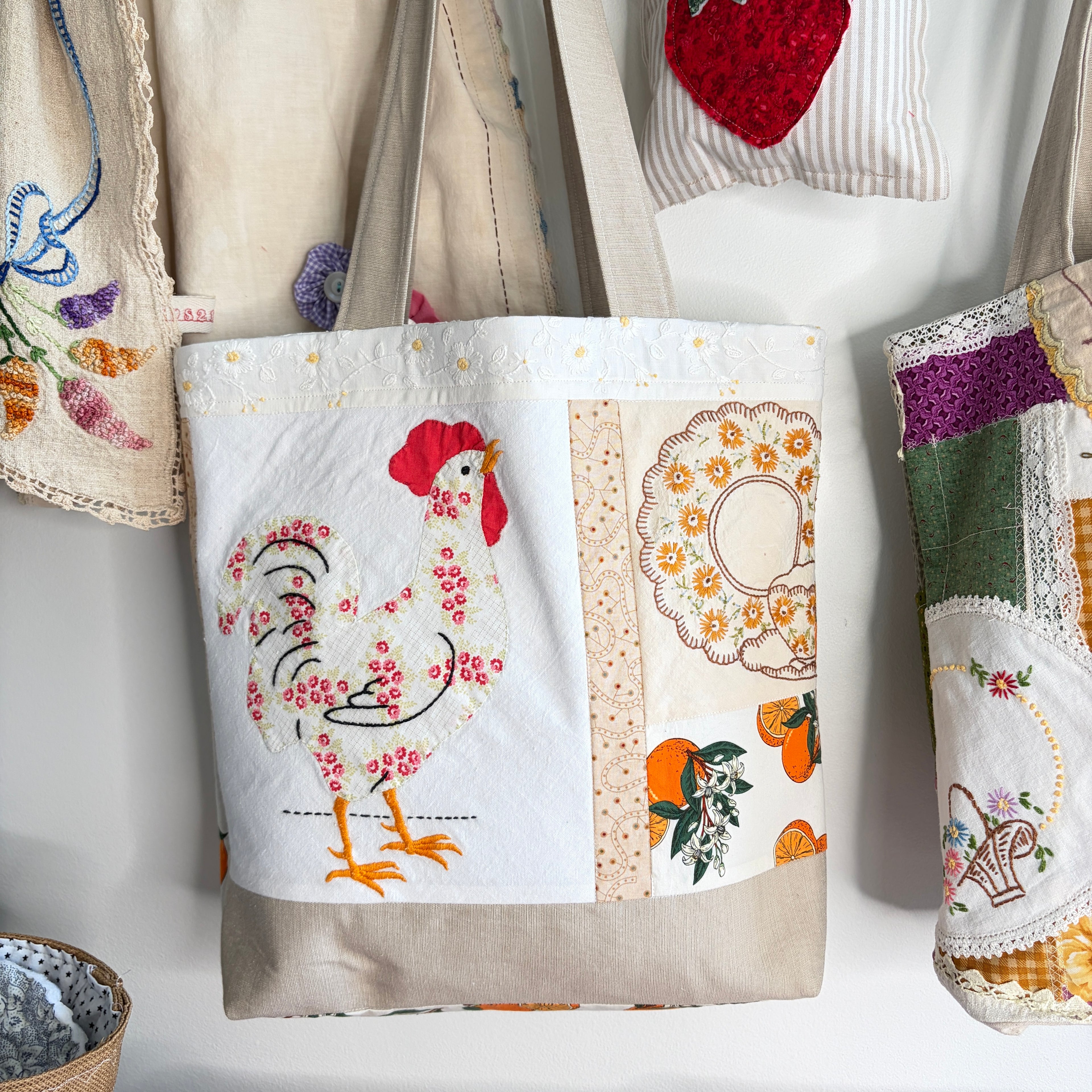 BAG Vintage Chicken and Oranges Lined Tote Bag, Market or Book Bag