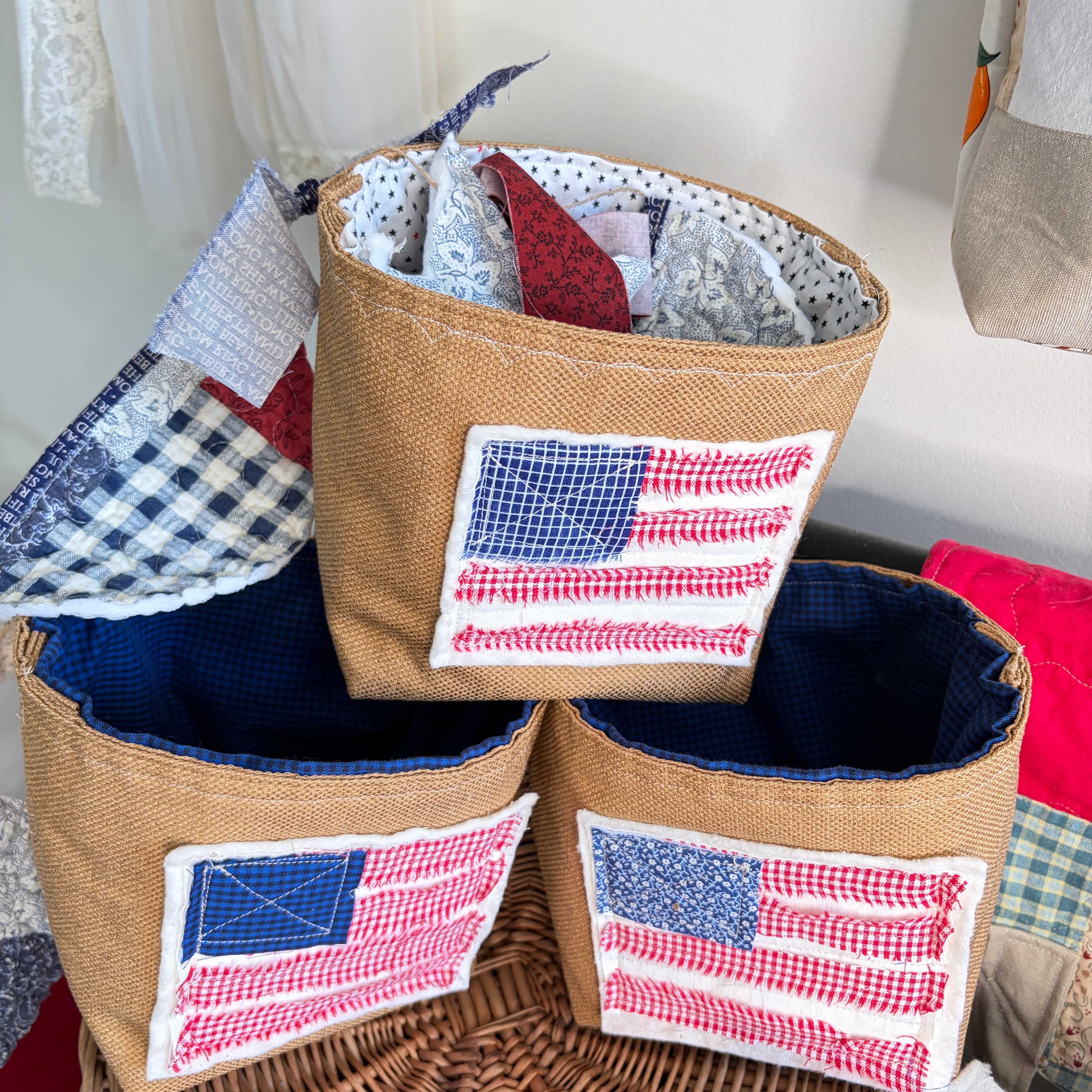 BASKET 3 Americana Boxed Bottom Bucket Organizer, Fabric Storage Basket