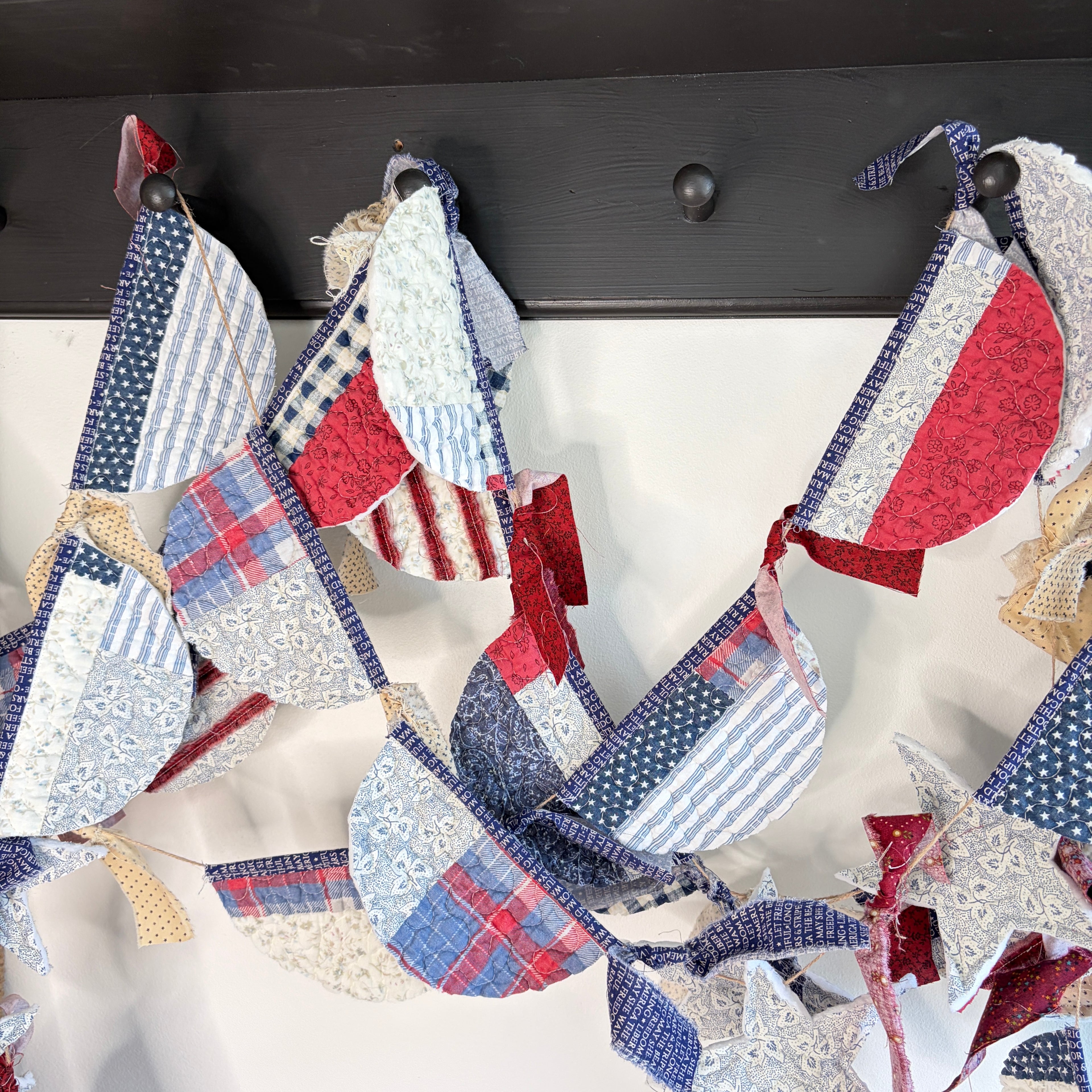 BUNTING Quilted Banner with Stars, Vintage Blue Style 6' Long on Jute Hanger