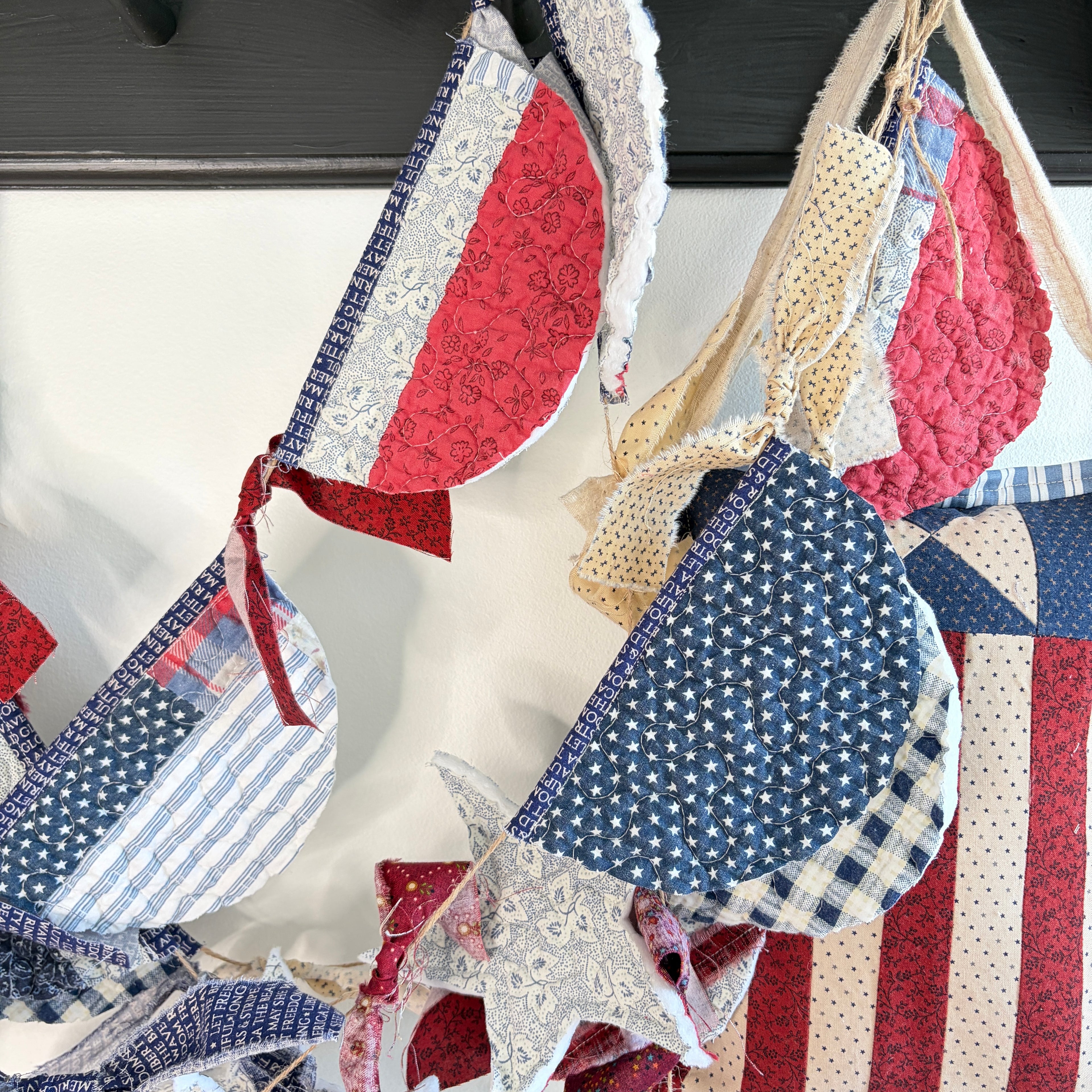 BUNTING Quilted Banner with Stars, Vintage Blue Style 6' Long on Jute Hanger