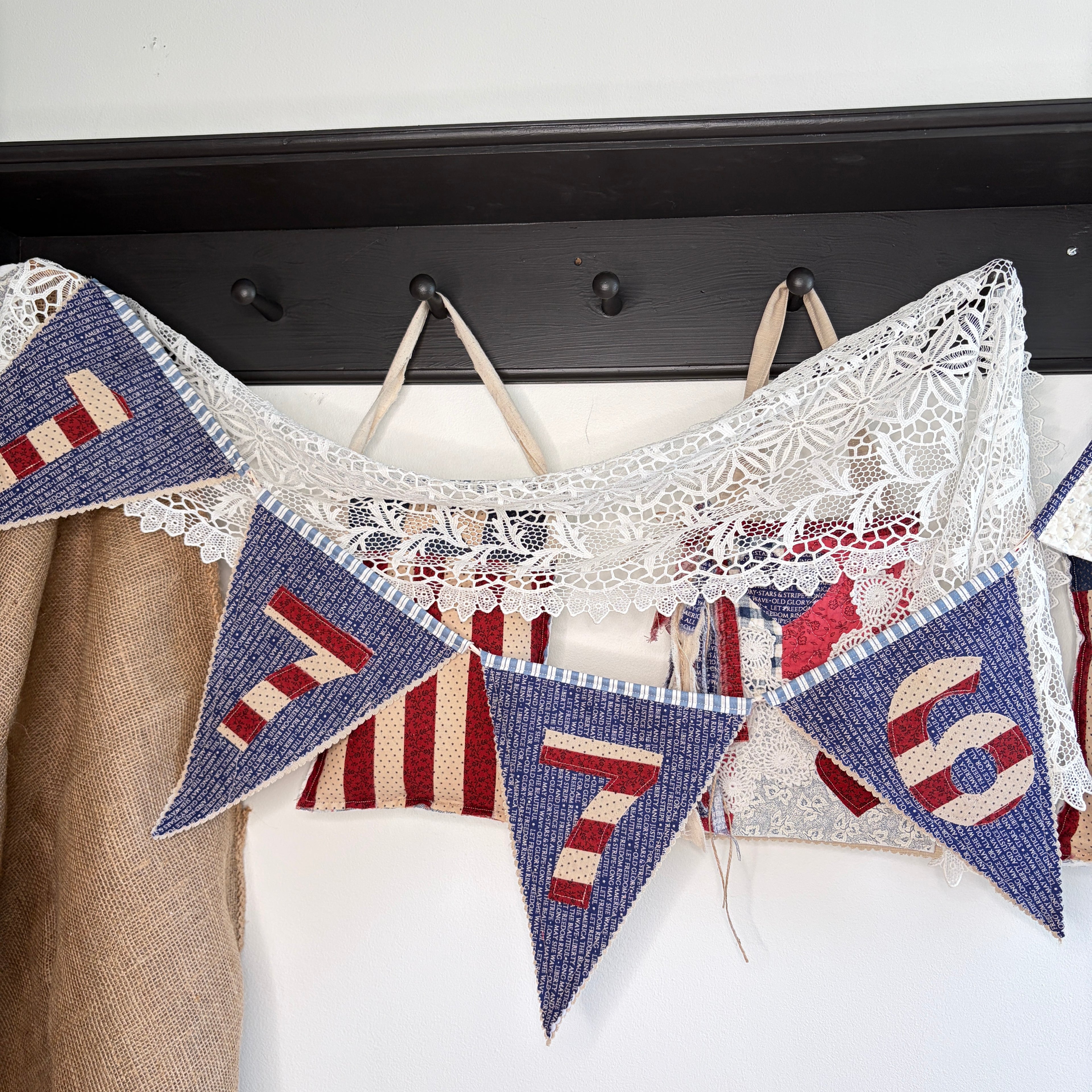 BUNTING Quilted Banner 1776 Pennants, Vintage Pointed Navy Blue Style