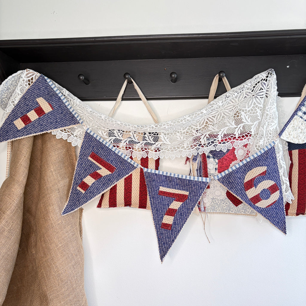 BUNTING Quilted Banner 1776 Pennants, Vintage Pointed Navy Blue Style