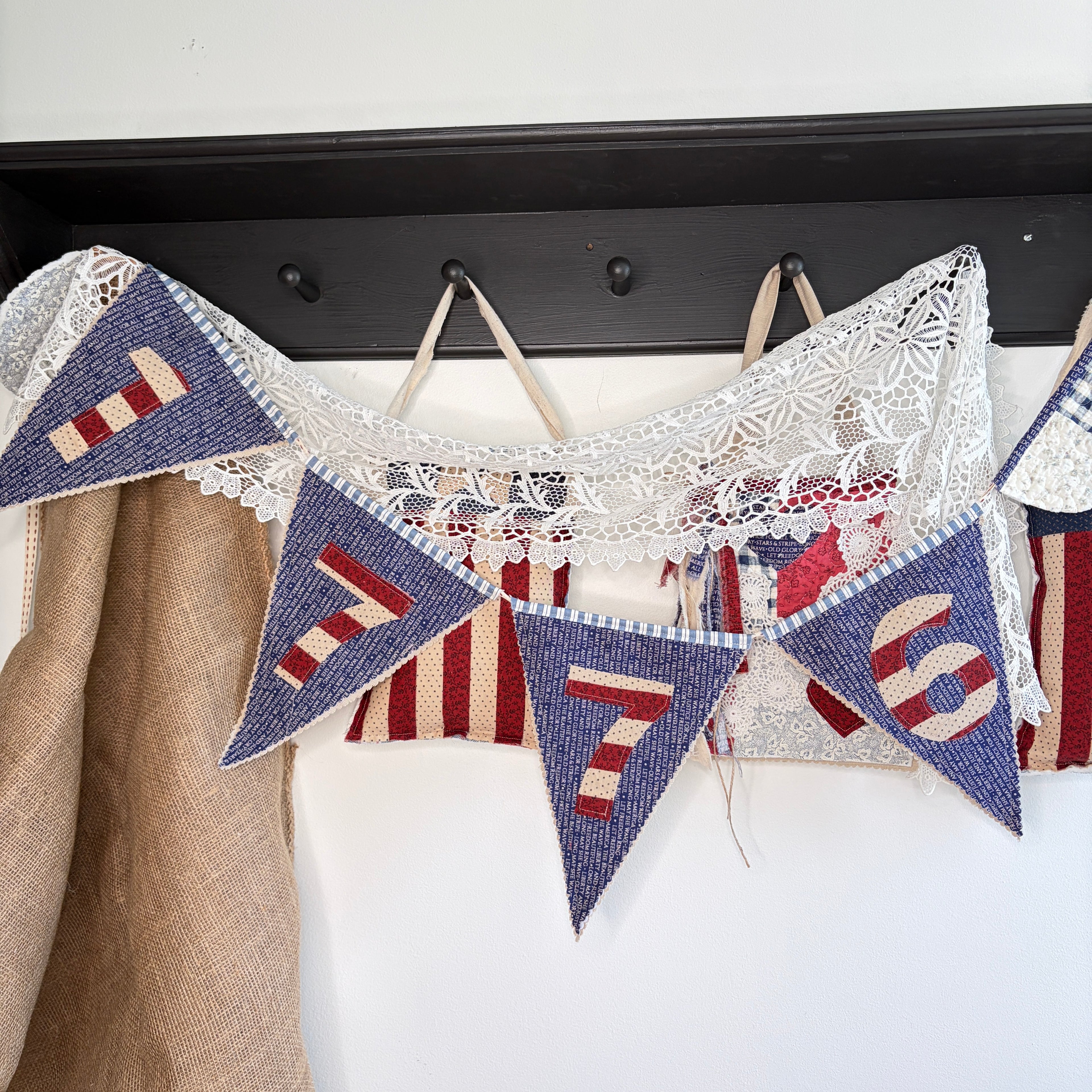 BUNTING Quilted Banner 1776 Pennants, Vintage Pointed Navy Blue Style