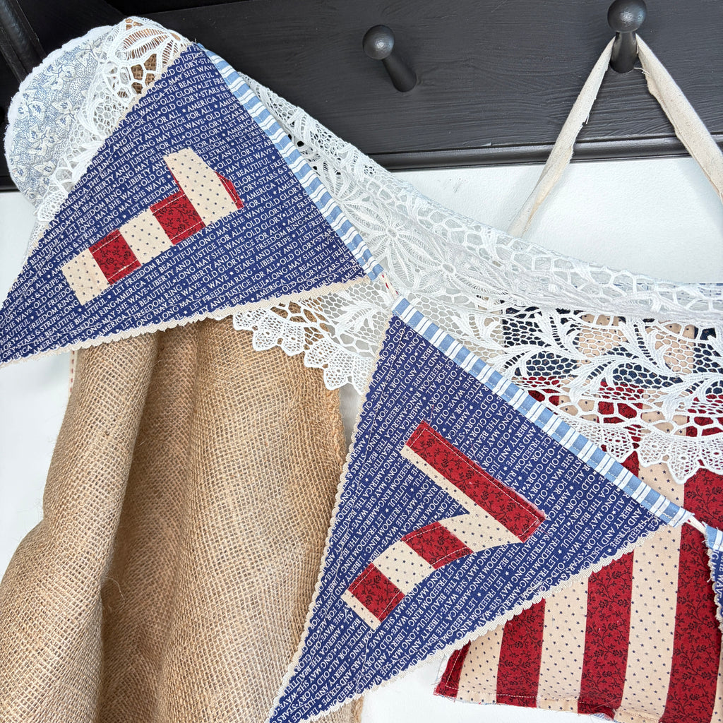 BUNTING Quilted Banner 1776 Pennants, Vintage Pointed Navy Blue Style