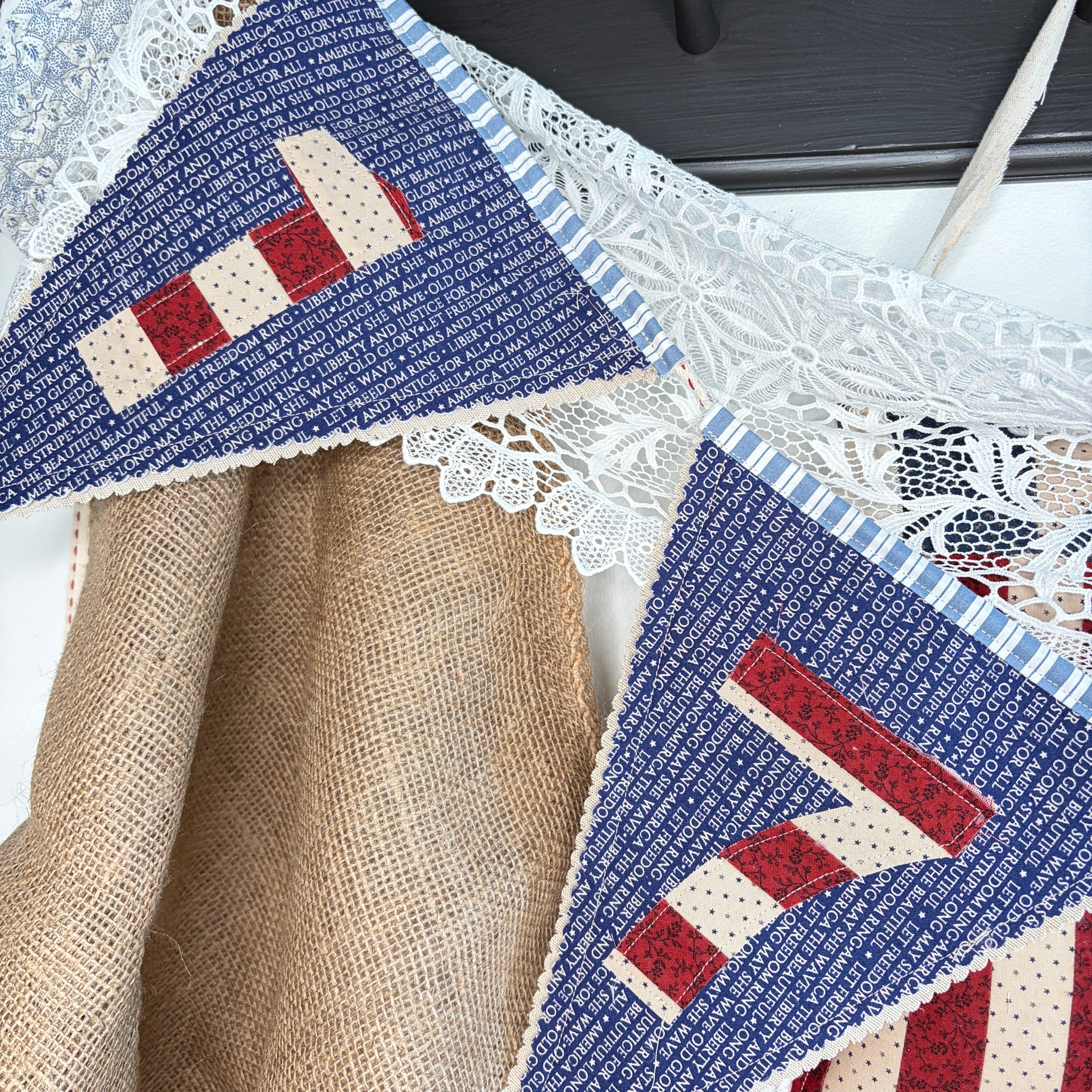 BUNTING Quilted Banner 1776 Pennants, Vintage Pointed Navy Blue Style