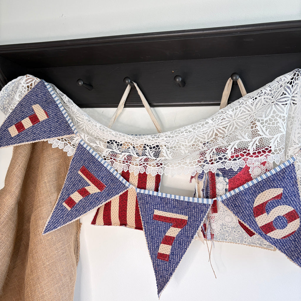 BUNTING Quilted Banner 1776 Pennants, Vintage Pointed Navy Blue Style