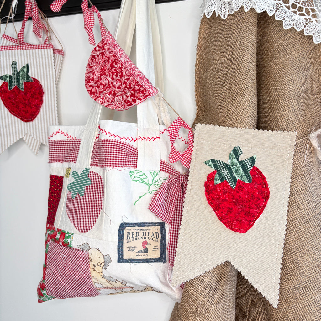BUNTING Quilted Strawberry Banner Pennants, Vintage Red Style Garland
