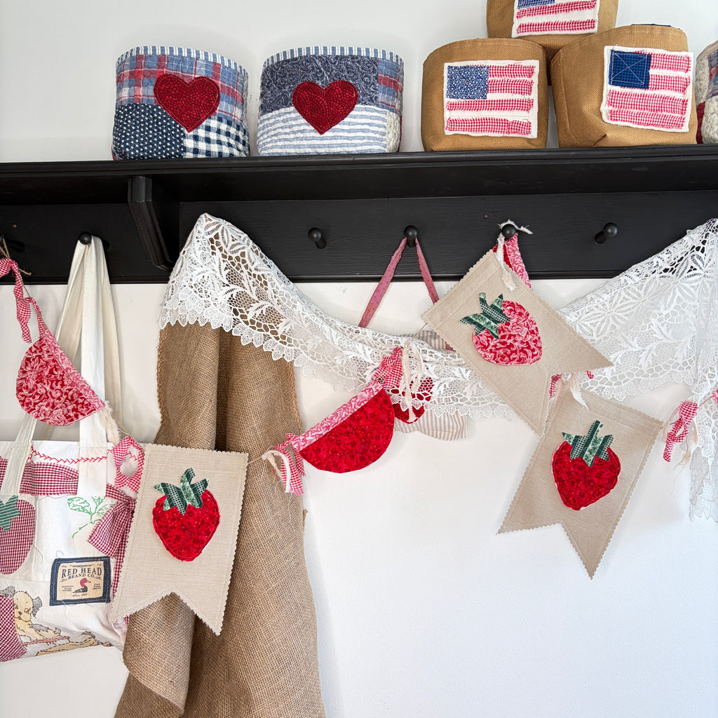 BUNTING Quilted Strawberry Banner Pennants, Vintage Red Style Garland