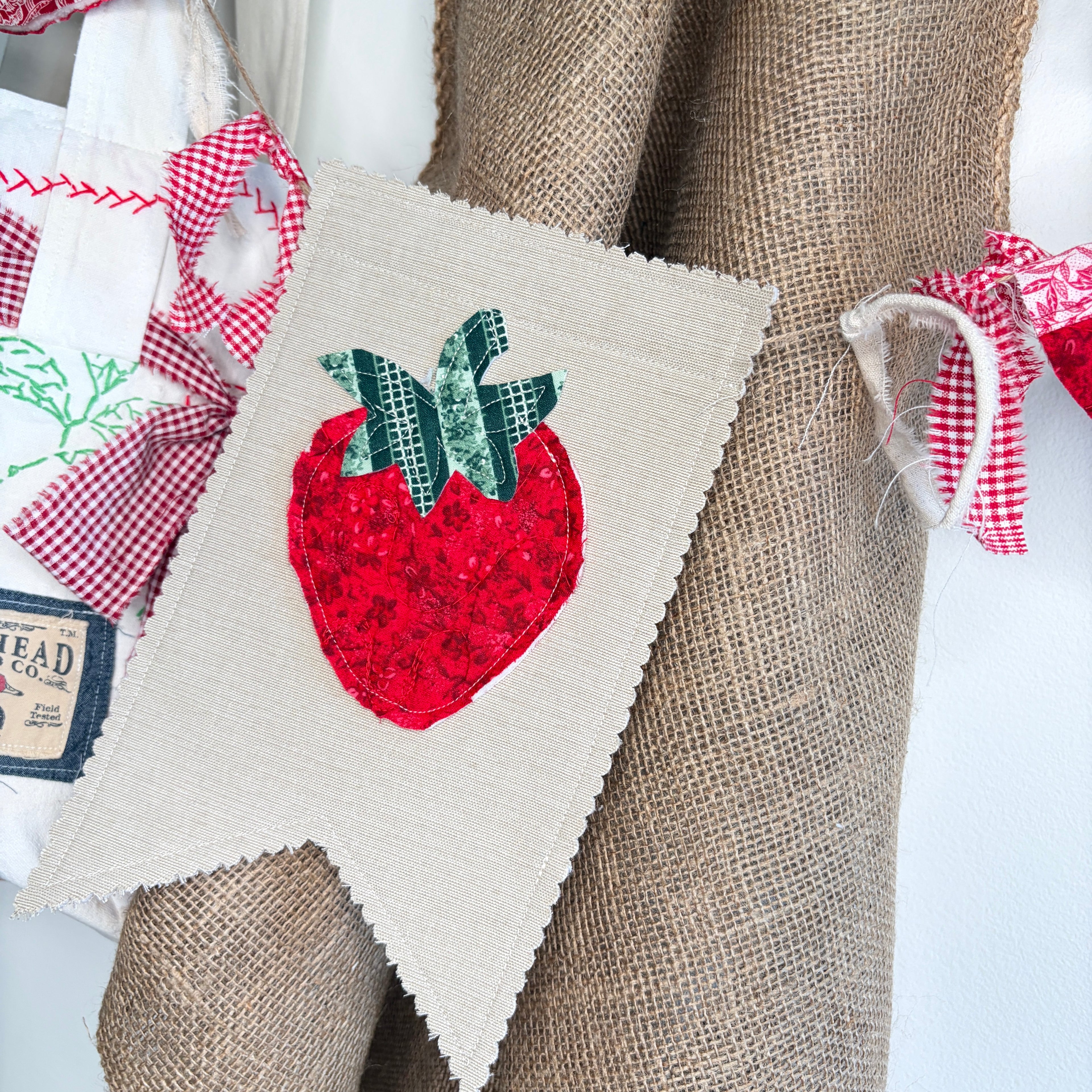 BUNTING Quilted Strawberry Banner Pennants, Vintage Red Style Garland