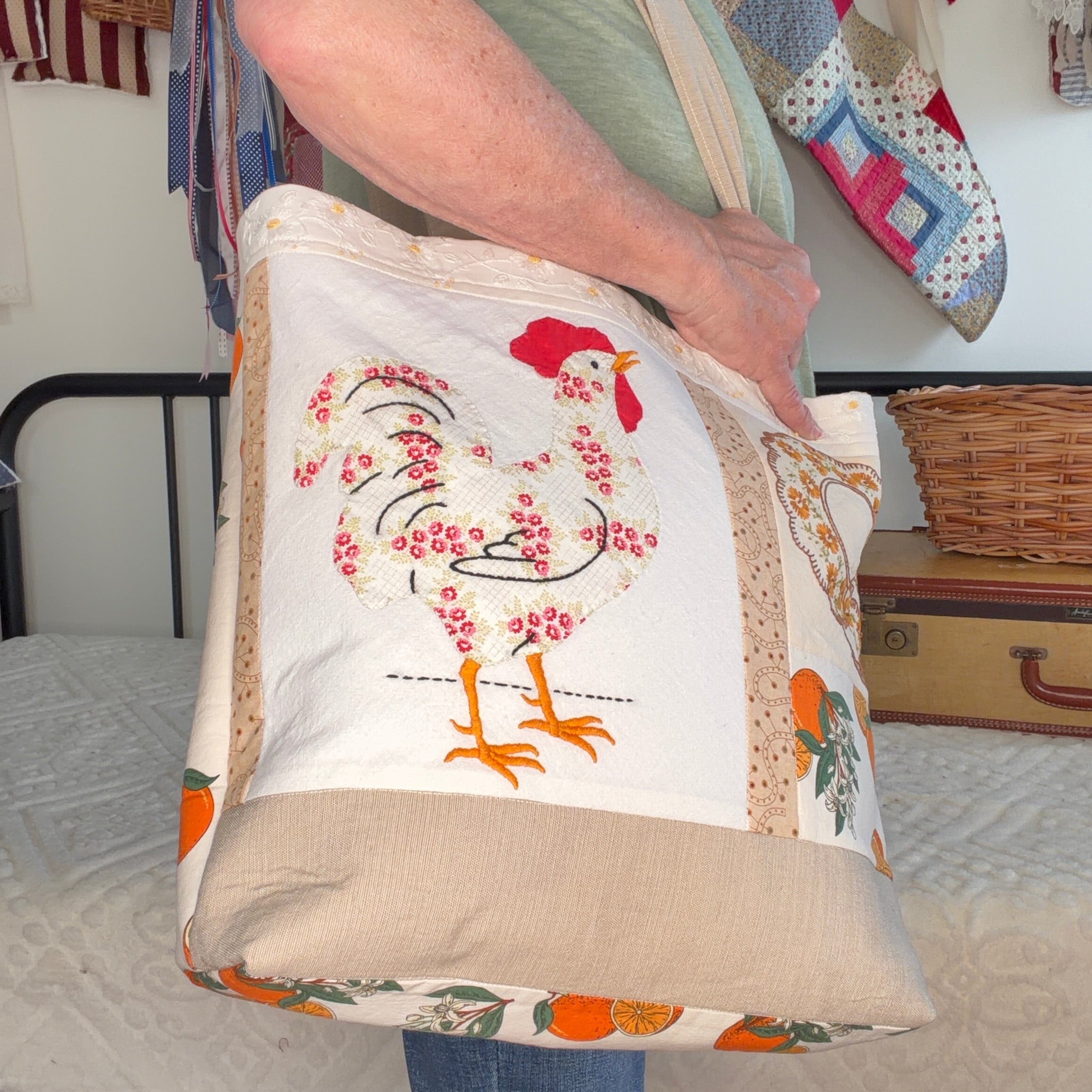 BAG Vintage Chicken and Oranges Lined Tote Bag, Market or Book Bag