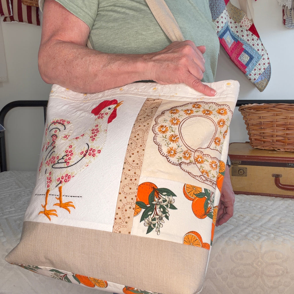 BAG Vintage Chicken and Oranges Lined Tote Bag, Market or Book Bag