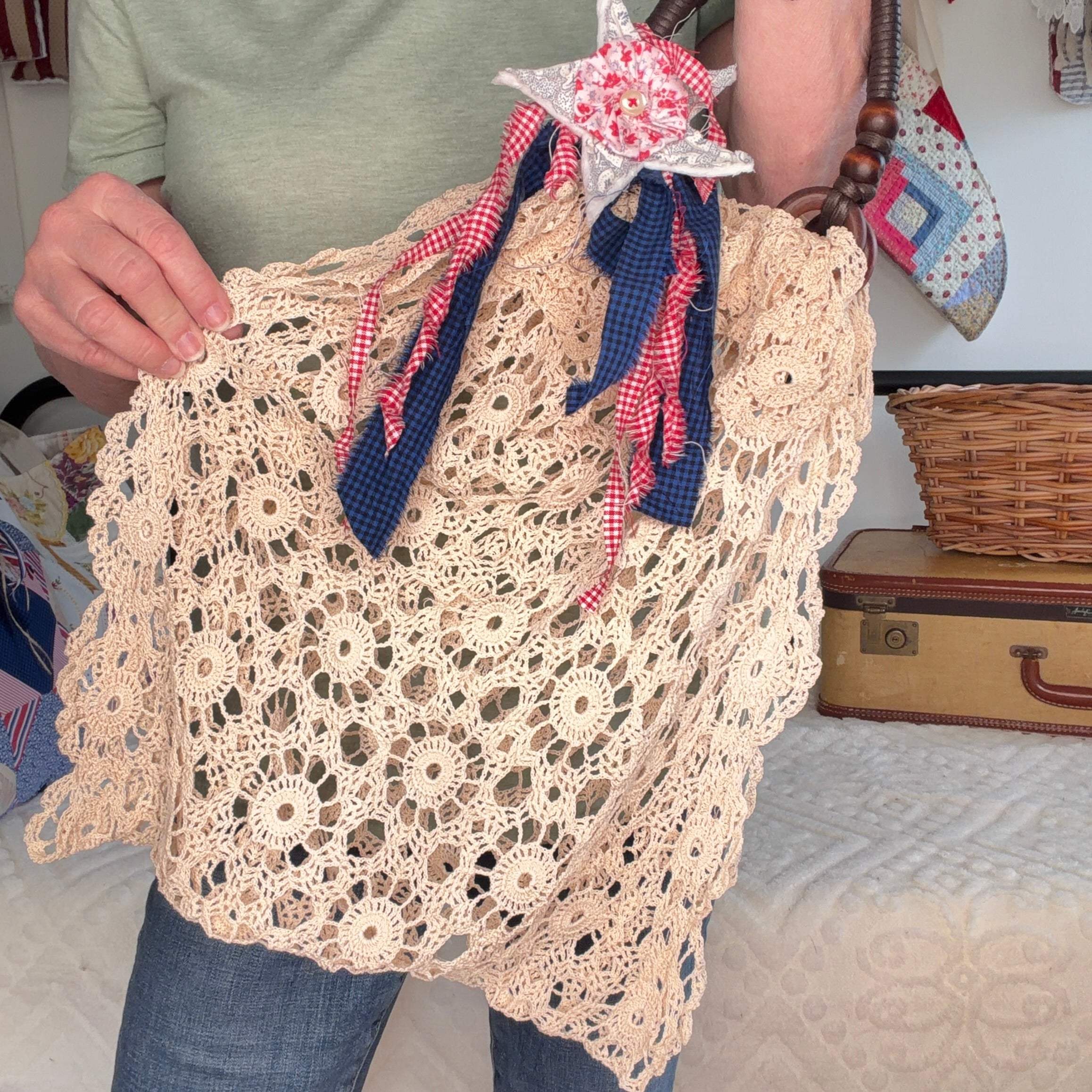 BAG Market Bag Vintage Lace Crocheted Doily Linen with Boho Handles