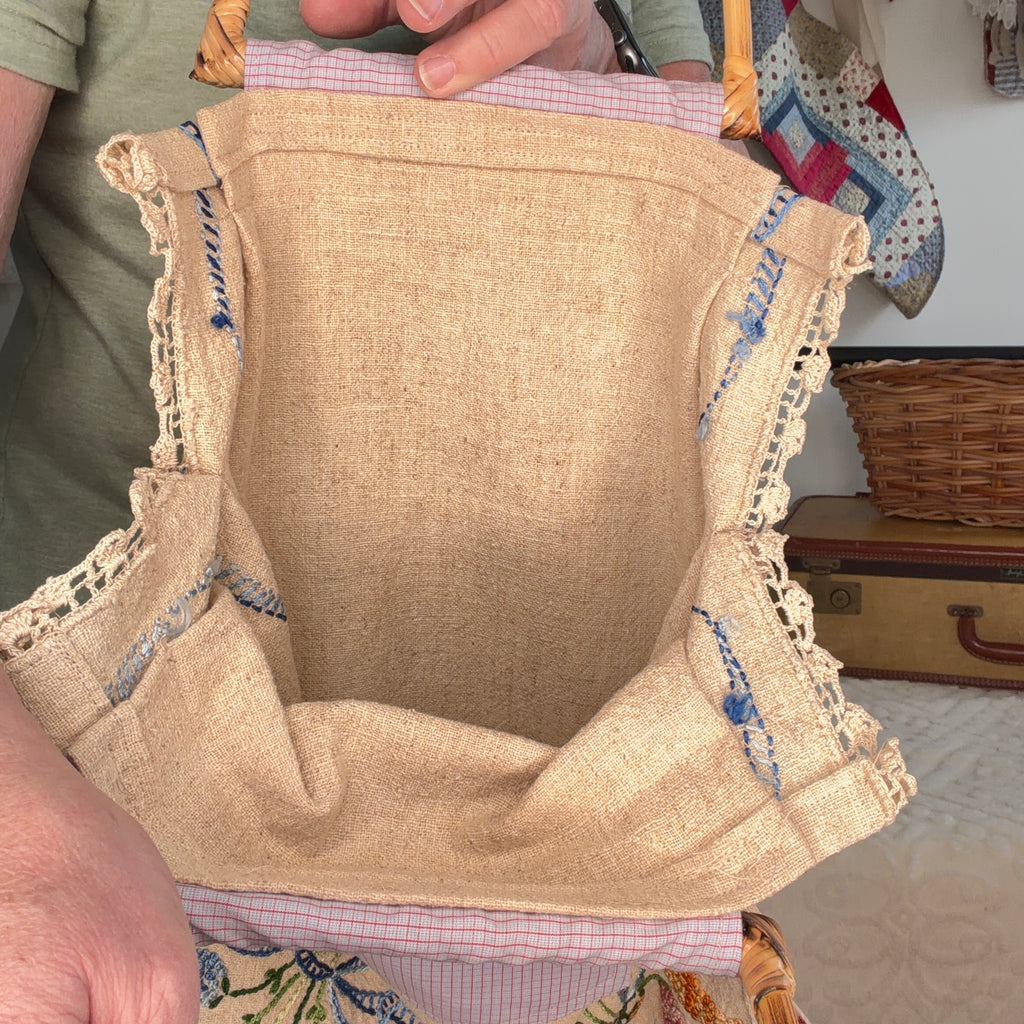 BAG Market Bag Vintage Tan Embroidered Linen with Removable Handles