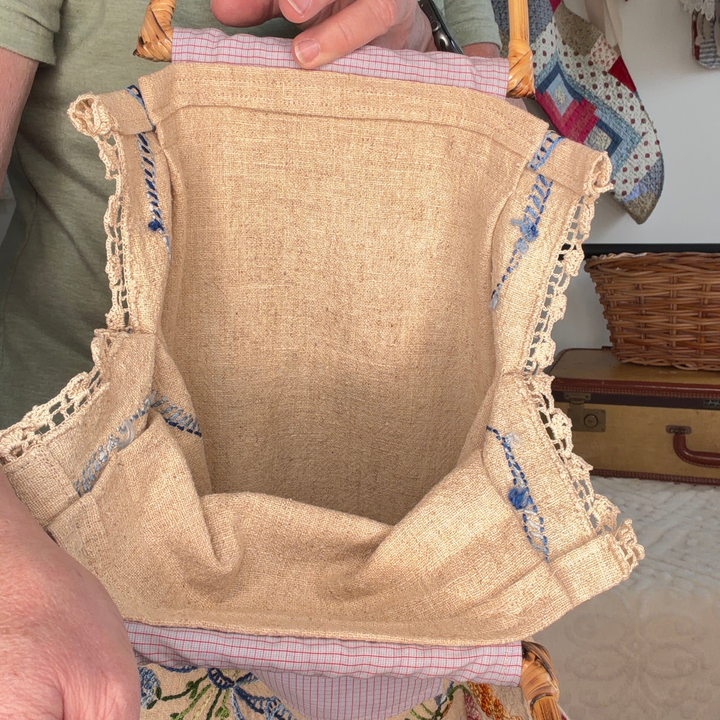 BAG Market Bag Vintage Tan Embroidered Linen with Removable Handles