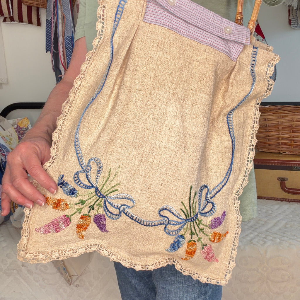 BAG Market Bag Vintage Tan Embroidered Linen with Removable Handles