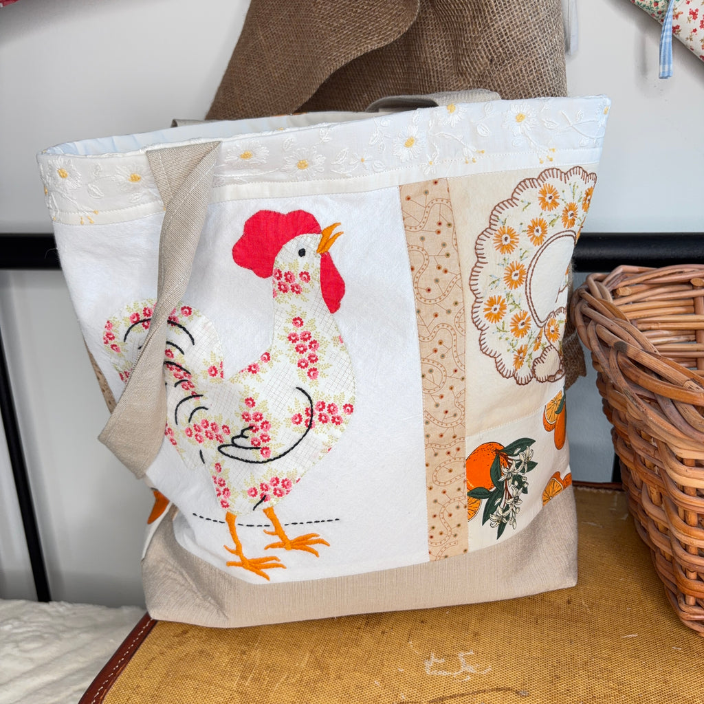 BAG Vintage Chicken and Oranges Lined Tote Bag, Market or Book Bag
