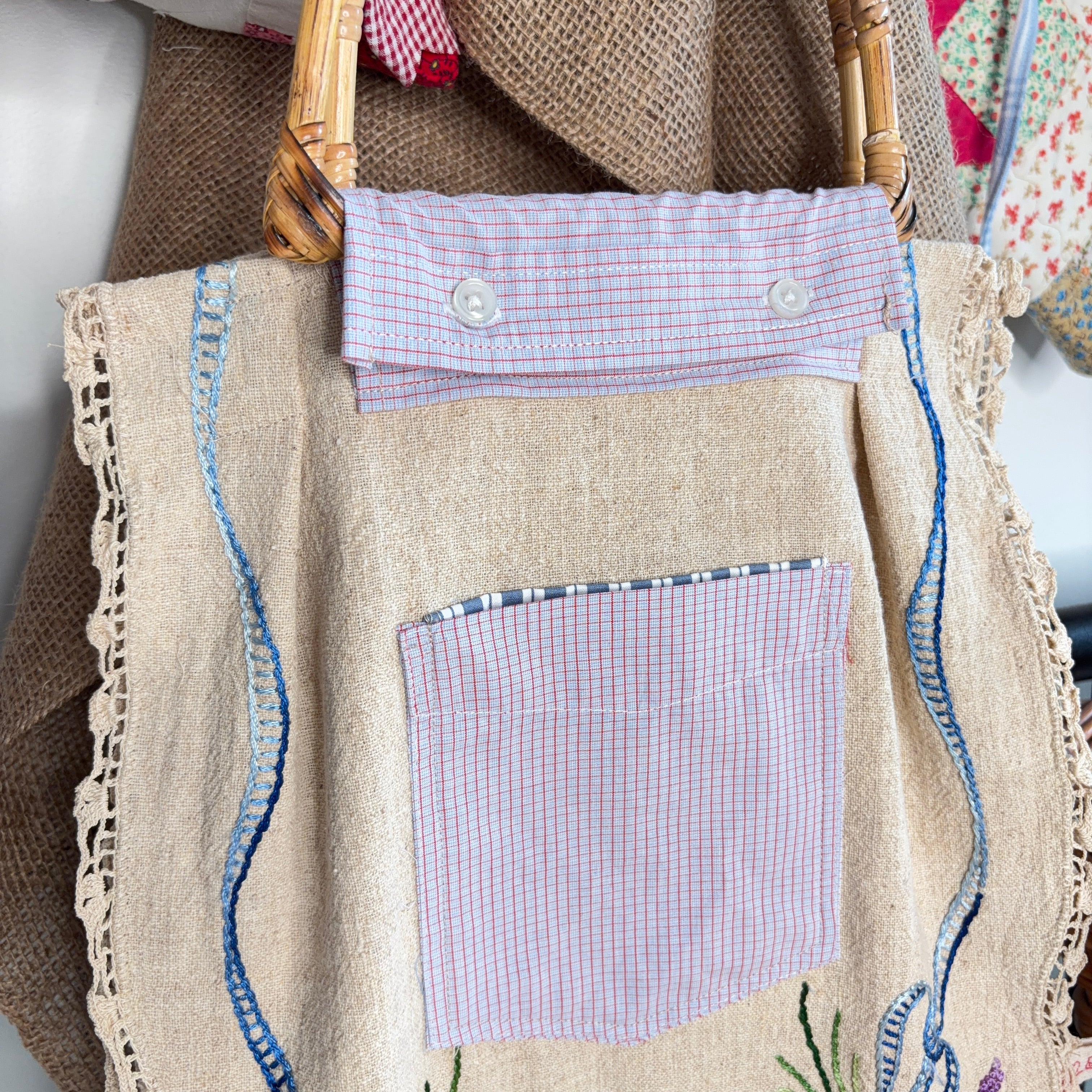 BAG Market Bag Vintage Tan Embroidered Linen with Removable Handles