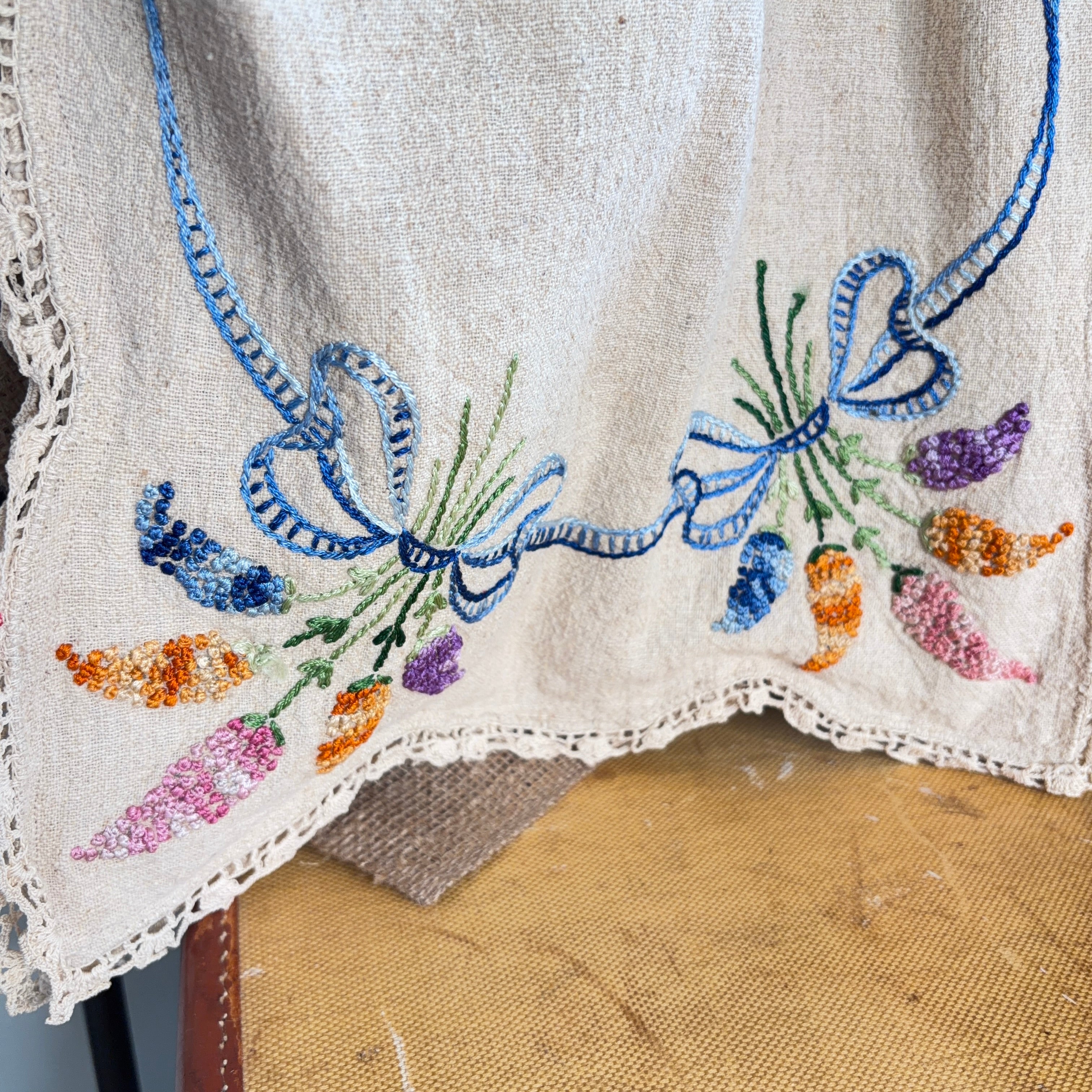 BAG Market Bag Vintage Tan Embroidered Linen with Removable Handles
