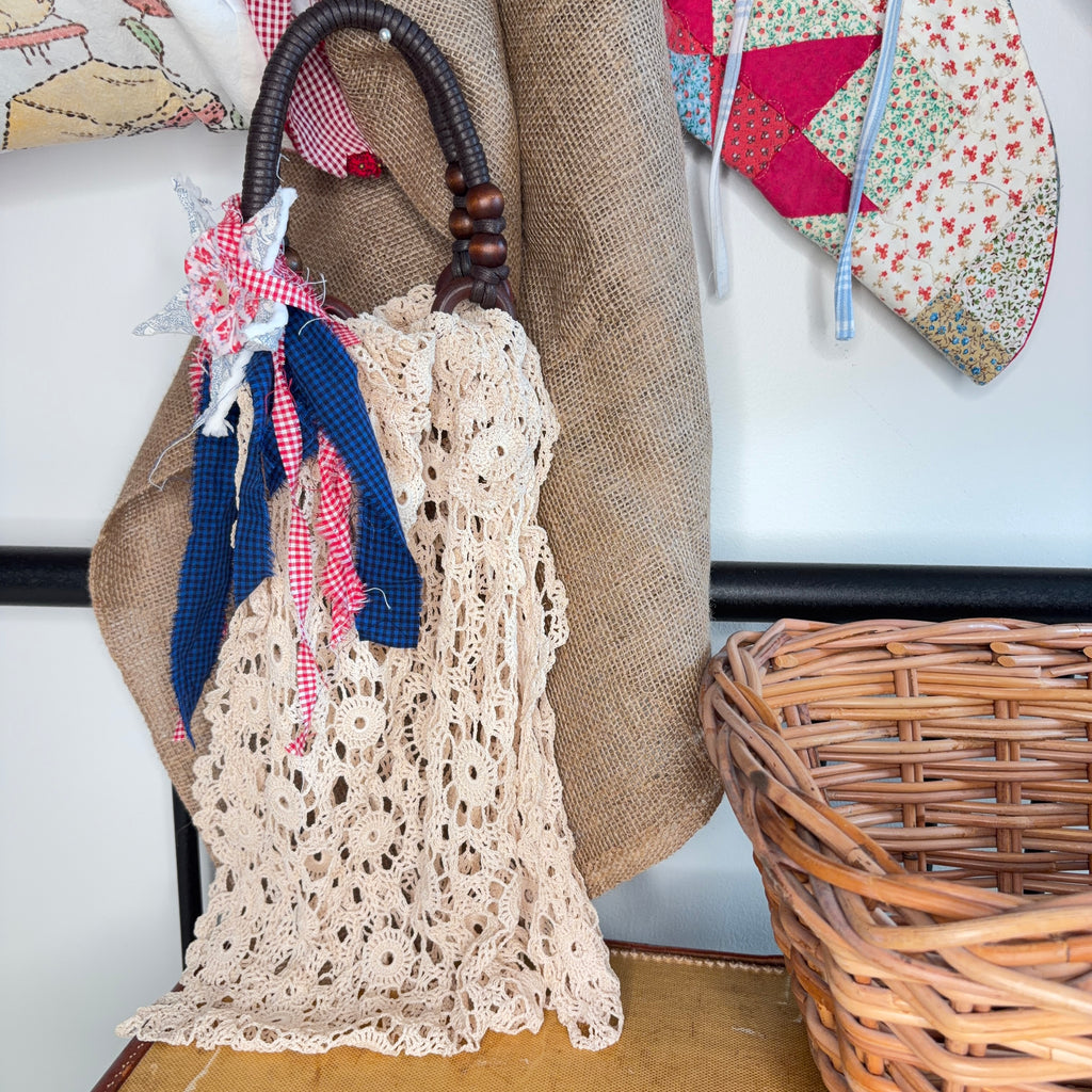BAG Market Bag Vintage Lace Crocheted Doily Linen with Boho Handles