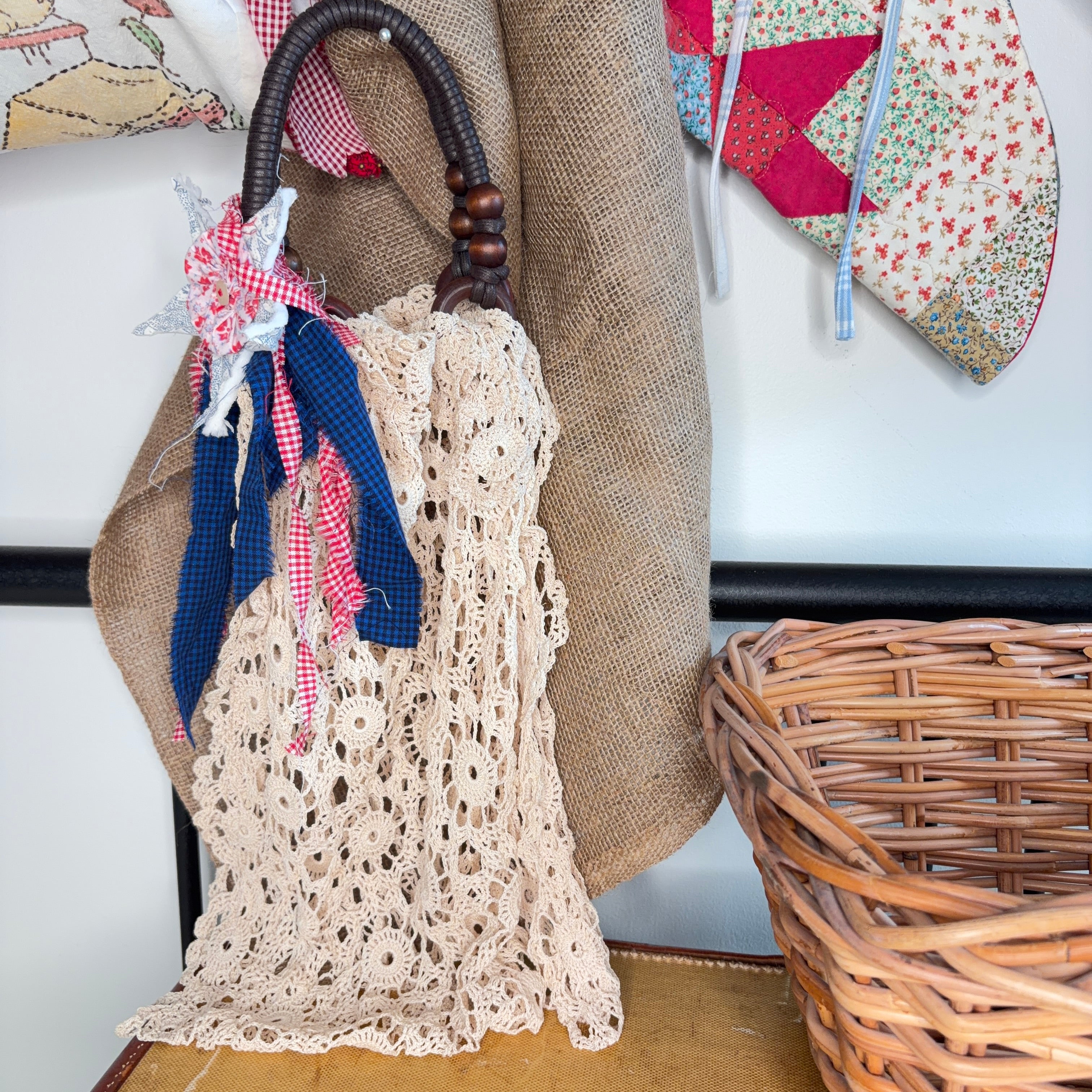 BAG Market Bag Vintage Lace Crocheted Doily Linen with Boho Handles