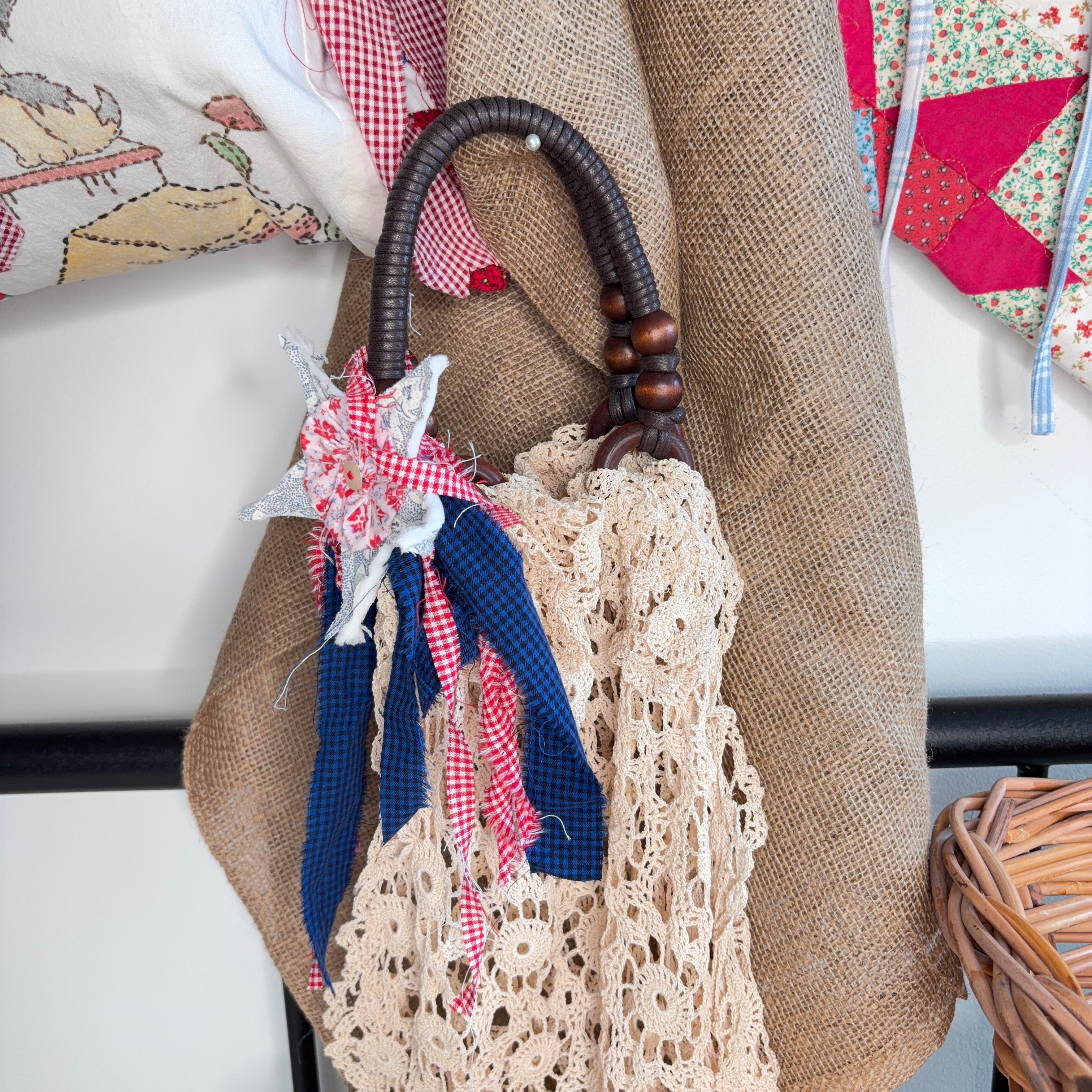 BAG Market Bag Vintage Lace Crocheted Doily Linen with Boho Handles