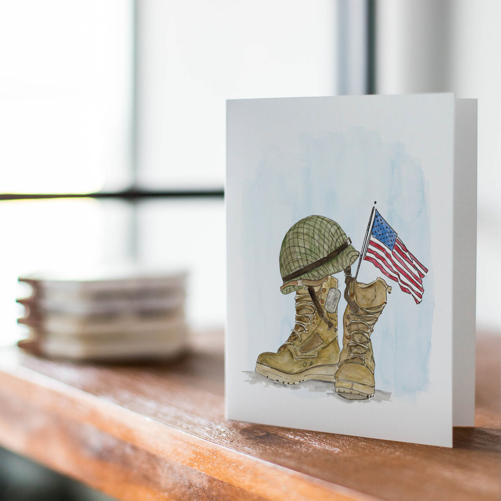 Military Boots and Flag Recognition, Deployment Homecoming Watercolor Greeting Card