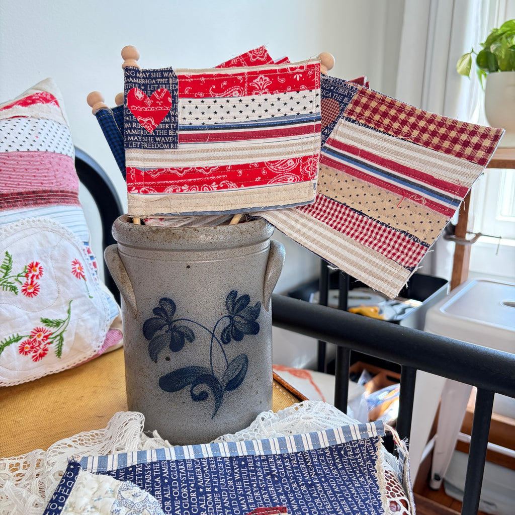 FLAG 2: Scrap Pieced Flag Accent for Planter, Crock Decor, Wreath Add-On