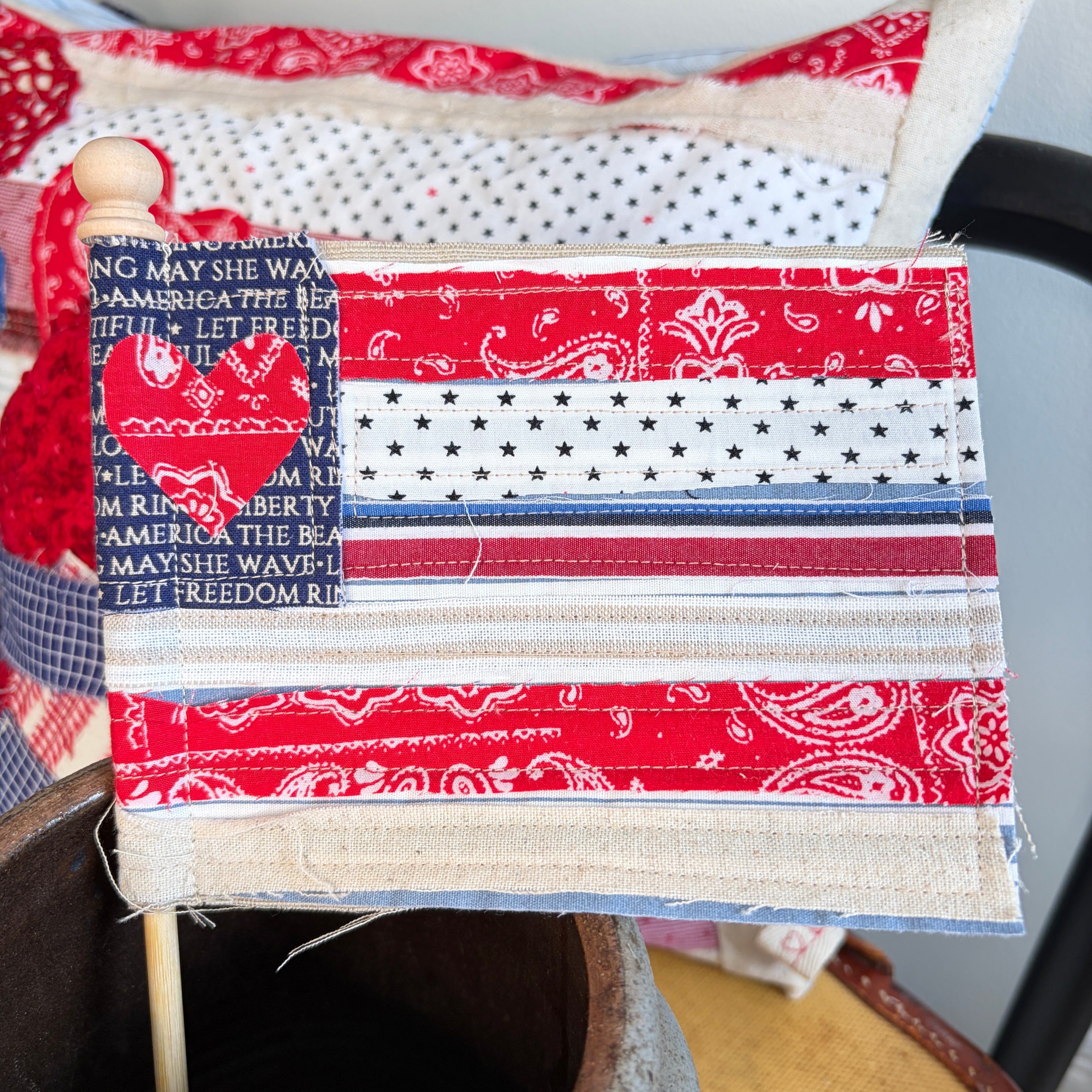 FLAG 4: Scrap Pieced Flag Accent for Planter, Crock Decor, Wreath Add-On